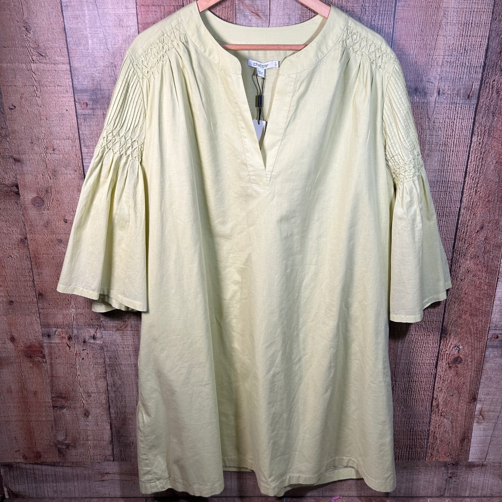 Chico's Frozen Lime Green Cotton Smocked Bell Sleeve Shift Dress Plus Size 4 20